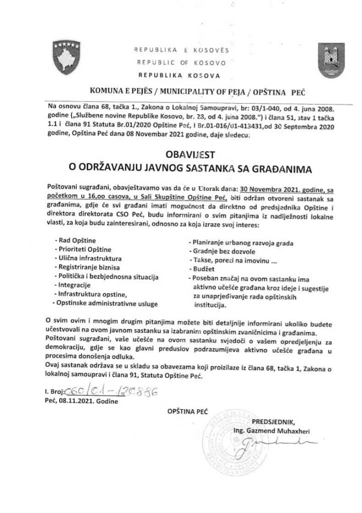 Opština Peć poziva građane na javne konsultacije 1 Poziv na javne konsultacije