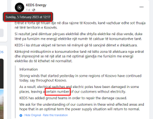 „Srbija Danas“ od kvara na električnoj mreži u više opština, do „nikada većeg problema za lažnu državu“ 1 Foto KEDS Facebook