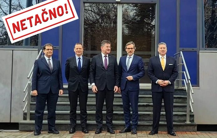 Mario Talo, Emanuel Bone, Miroslav Lajčak, Jens Pletner i Gabrijel Eskobar u Prištini, januar 2023 (Foto: Kim)