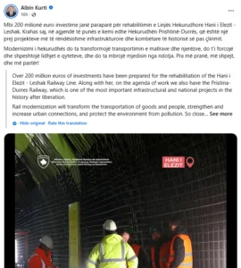 Kurti: Više od 200 miliona evra za prugu Đeneral Janković – Lešak 1 384