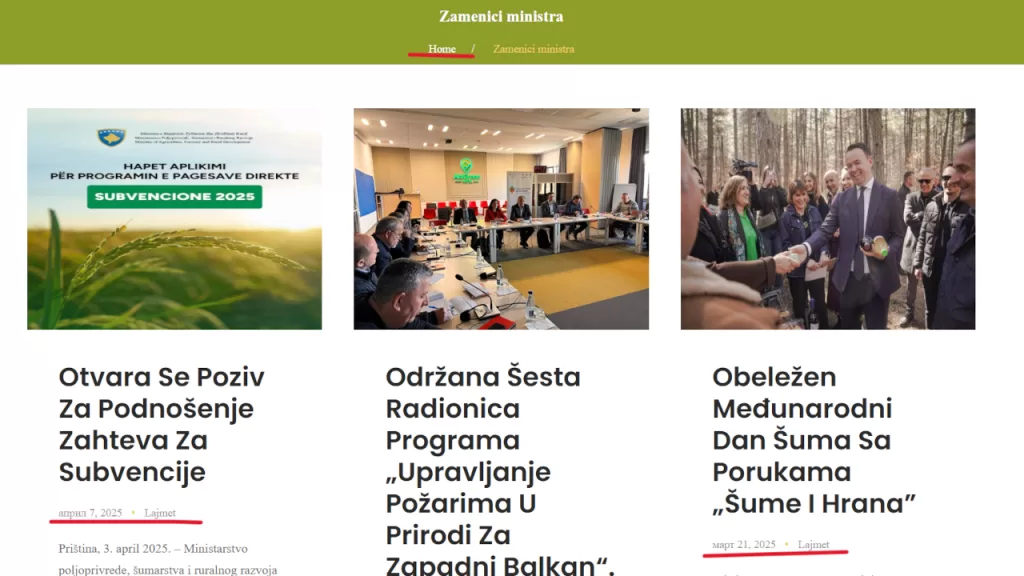 Sistematsko nepoštovanje Zakona o upotrebi jezika: Ministarstvo poljoprivede, šumarstva i ruralnog razvoja 1 Foto: Printskrin mbpzhr.rks-gov.net