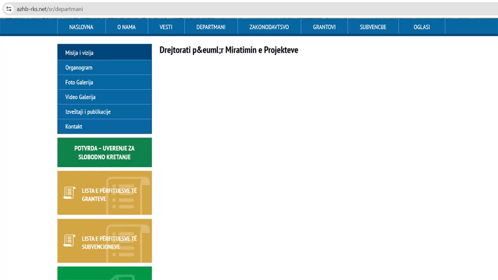 Sistematsko nepoštovanje Zakona o upotrebi jezika: Agencija za razvoj poljoprivrede 1 Foto: Printskrin azhb-rks.net