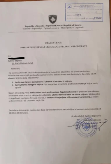 Obaveštenje o rušenju kuća u Lešku – bez alternative, ali sa rokom: „Gde ćemo s decom?“ 1 obavestenje