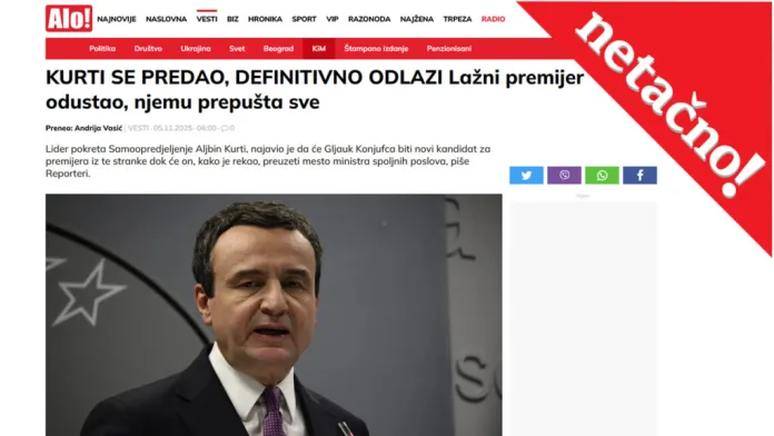 Manipulativan naslov „Kurti se predao“ u suprotnosti sa sadržajem vesti (Foto: printskrin alo rs) Manipulativan naslov „Kurti se predao“ u suprotnosti sa sadržajem vesti (Foto: printskrin alo rs)