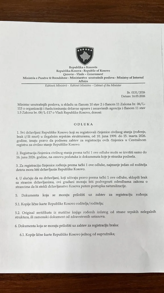 Ko mоže da dobije kosovsku ličnu kartu, a ko ne: Šta su “olakšice” 1 Odluka ministra unutrašnjih poslova Dželjalja Svećlje (Foto: Kim)