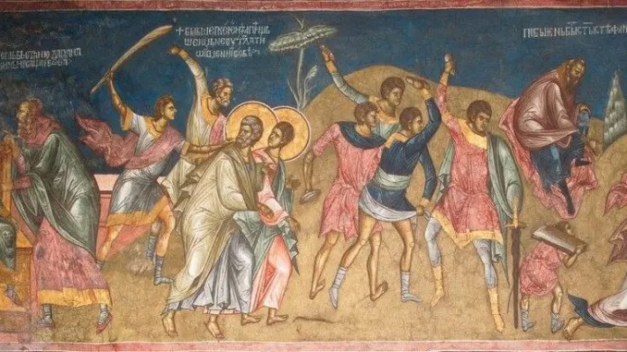 Kamenovanje-Arhidjakona-Prvomucenika-Stefana-1124x420 FOTO: Stradanje Svetog prvomučenika i arhiđakona Stefana, zapadni deo naosa Dečanskog hrama, oko 1340. godine.